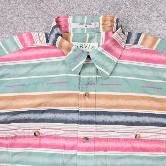 Orvis Shirt Mens Medium Green/Pink Striped 100% Cotton Short Sleeve Button - Picture 4 of 10